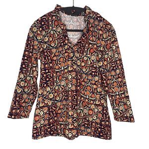 J MCLAUGHLIN Blouse Floral Ruffle V-Neck 3/4 Sleeve Stretch Womens M Blue Orange